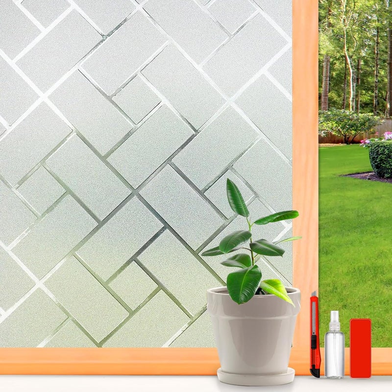 XHCN Frosted Glass Window Film Sun Blocking Window Tinting Film for Home, Static Clings Removable Frosting Bathroom Door Window Covering, 45.2 inch x 78.74 inch, White-Grid - Image 1